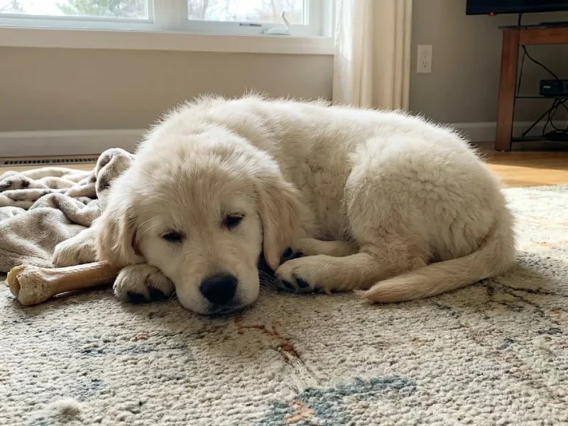 Calm puppy resting after training session Rochester NY